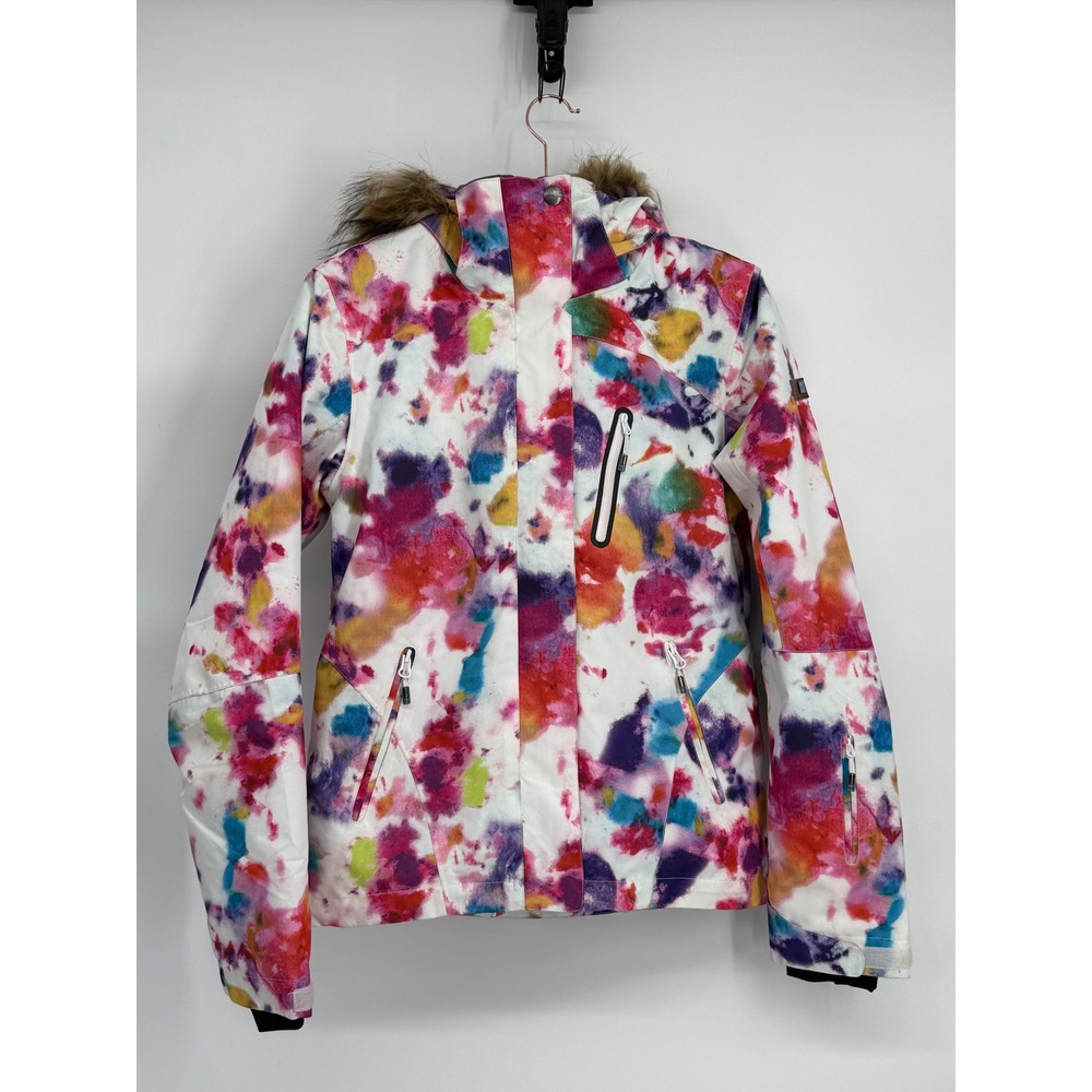 GSOU SNOW Womens Ski Snowboard Jacket Colorful Abstract Sz S‎ Hooded Faux Fur